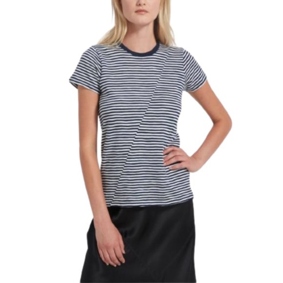 ATM Striped Jersey Top Shirt Womens Small Navy Blue White Short Sleeve Crew Neck - Picture 12 of 12